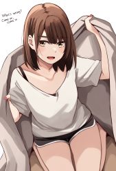 Rule 34 | 1girl, :d, alternate language, arm up, barefoot, black shorts, blanket, bob cut, brown eyes, brown hair, collarbone, english text, highres, kapatarou, looking at viewer, nail polish, open mouth, original, red nails, shirt, short shorts, short sleeves, shorts, simple background, sitting, smile, solo, thick eyebrows, wariza, white background, white shirt