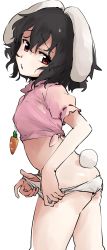 Rule 34 | 1girl, absurdres, black hair, carrot necklace, crop top, from side, highres, inaba tewi, looking at viewer, make maketan, medium hair, necklace, no pants, panties, pink shirt, puffy short sleeves, puffy sleeves, rabbit tail, red eyes, ribbon-trimmed sleeves, ribbon trim, shirt, short hair, short sleeves, simple background, solo, tail, touhou, underwear, white background, white panties