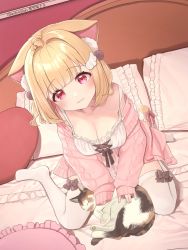 Rule 34 | 1girl, animal ear fluff, animal ears, artist name, bed, blonde hair, blunt bangs, blush, breasts, cardigan, cat, cat ears, cat tail, cleavage, closed eyes, closed mouth, dress, hair ornament, highres, kemomimi refle!, kuyukian3, long sleeves, medium breasts, nekoma karin, off shoulder, on bed, pillow, pink cardigan, pink eyes, pink ribbon, ribbon, second-party source, sitting, sleeves past wrists, tail, tail ornament, tail ribbon, thighhighs, virtual youtuber, white dress, white thighhighs, wing hair ornament