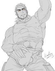Rule 34 | 1boy, abs, anjingkuxiao, armpits, bara, beard, biceps, bulge, covered erect nipples, covered penis, covered testicles, facial hair, final fantasy, final fantasy xv, gladiolus amicitia, highres, looking at viewer, male focus, male pubic hair, mature male, muscular, muscular male, navel, pectorals, pubic hair, scar, scar across eye, scar on face, solo, stomach, stubble, tank top, tattoo, unzipped