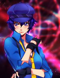 Rule 34 | 1girl, absurdres, black gloves, blue eyes, blue hair, blue hat, blue shirt, breasts, cabbie hat, collared shirt, commentary, emi star, fingerless gloves, gloves, hair between eyes, hat, highres, lips, looking at viewer, medium breasts, necktie, persona, persona 4, persona 4: dancing all night, persona dancing, pink lips, shirogane naoto, shirt, short hair, sleeves rolled up, solo, suspenders, upper body, yellow necktie