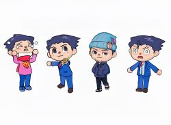 Rule 34 | &gt; &lt;, 1boy, :3, ace attorney, animal crossing, apollo justice: ace attorney, arms up, beanie, black footwear, black hair, black pants, blouse, blue footwear, blue headwear, blue hoodie, blue jacket, blue pants, blush, blush stickers, chibi, closed eyes, closed mouth, clothes writing, collared shirt, crying, drawstring, facial hair, formal, full body, godzillapigeon1, half-closed eyes, hands in pockets, happy, hat, heart, heel up, highres, hood, hood down, hoodie, jacket, long sleeves, looking at viewer, male focus, mask, mask pull, mouth mask, multiple views, necktie, nintendo, official style, open mouth, outstretched arm, pants, phoenix wright, phoenix wright: ace attorney - trials and tribulations, pin, pink sweater, pocket, red necktie, red scarf, sandals, scarf, shirt, shoes, short hair, simple background, smile, snot, sparkle, spiked hair, standing, stubble, suit, surgical mask, surprised, sweater, tears, v-shaped eyebrows, white background, white eyes, white shirt, wide-eyed