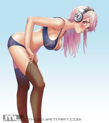 Rule 34 | 1girl, adjusting clothes, adjusting legwear, bent over, blush, bra, breasts, brown thighhighs, cleavage, dressing, from side, hanging breasts, large breasts, leaning forward, lingerie, long hair, looking at viewer, mleth, nitroplus, panties, pink eyes, pink hair, solo, standing, super sonico, thighhighs, underwear, underwear only