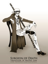 Rule 34 | 1boy, chair, character name, denim, hat, highres, jeans, male focus, monochrome, one piece, pants, sitting, solo, trafalgar law