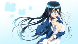 Rule 34 | 1girl, black hair, blouse, blue background, blue eyes, breast hold, breasts, cleavage, collared shirt, gradient background, hair ribbon, hand on own chin, khnchak, large breasts, long hair, long sleeves, looking at viewer, original, parted lips, puffy long sleeves, puffy sleeves, ribbon, shirt, skirt, solo, upper body, white shirt, wind