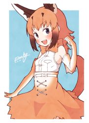 Rule 34 | 1girl, absurdres, animal ears, bad id, bad twitter id, bare shoulders, belt, blue eyes, bow, bowtie, brown hair, caracal (kemono friends), clenched hand, commentary request, cowboy shot, dated, elbow gloves, enk 0822, fang, gloves, hand up, high-waist skirt, highres, kemono friends, light brown hair, long hair, multicolored hair, open mouth, signature, skirt, sleeveless, solo, tail, traditional bowtie, white hair