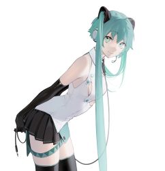 Rule 34 | 1girl, aqua eyes, aqua hair, arms behind back, bad id, bad twitter id, bare shoulders, black skirt, black thighhighs, breasts, collared shirt, commentary request, cowboy shot, elbow gloves, from side, gloves, hatsune miku, headphones, highres, holding, leaning forward, long hair, looking at viewer, necktie, ohisashiburi, open mouth, pleated skirt, shirt, simple background, skindentation, skirt, small breasts, smile, solo, thighhighs, twintails, underwear, very long hair, vocaloid, white background, zettai ryouiki