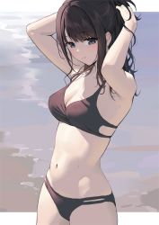 Rule 34 | 1girl, armpits, arms up, beach, bikini, black bikini, black hair, blue eyes, breasts, cleavage, collarbone, cowboy shot, day, earrings, gin00, hands in hair, highres, idolmaster, idolmaster shiny colors, jewelry, kazano hiori, long hair, looking at viewer, mole, mole under mouth, navel, outdoors, outside border, parted lips, ponytail, small breasts, smile, solo, stomach, stud earrings, swimsuit, water