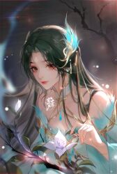 Rule 34 | 1girl, bare shoulders, black hair, branch, breasts, closed mouth, doupo cangqiong, dress, earrings, facial mark, flower, forehead mark, gu xun er (doupo cangqiong), hair ornament, jewelry, long hair, long sleeves, medium breasts, orange eyes, second-party source, smile, solo, upper body, white dress, white flower, yi zhi a chi
