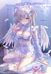 Rule 34 | 1girl, angel wings, apron, blue jacket, blue nails, breasts, buckle, can, chopsticks, commentary request, doughnut, feathered wings, feathers, food, food on face, frilled apron, frills, grey hair, hair ornament, hairclip, halo, holding, holding food, indoors, jacket, jersey maid, leg warmers, long hair, long sleeves, looking at viewer, maid, maid headdress, medium breasts, milk carton, nail polish, navel, nissin cup noodle, on floor, original, parted lips, pill, puffy long sleeves, puffy sleeves, sitting, sleeves past wrists, snap-fit buckle, solo, spill, toenail polish, toenails, track jacket, two side up, unconventional maid, very long hair, white apron, white feathers, white wings, wing hair ornament, wings, x hair ornament, yokozuwari, yuyuko (yuyucocco)