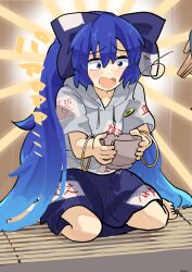Rule 34 | 1girl, absurdly long hair, bangle, blue eyes, blue hair, blue skirt, blush, bow, bowl, bracelet, coin, commentary request, damaged, debt, donation, full body, grey hoodie, hair between eyes, hair bow, happy, holding, holding bowl, holed coin, hood, hood down, hoodie, jewelry, kneeling, leftame, long hair, medium bangs, open mouth, raised eyebrows, rice bowl, short sleeves, skirt, smile, solo focus, touhou, very long hair, yorigami shion