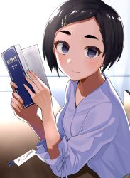 Rule 34 | 1girl, bad id, bad pixiv id, black hair, book, bookmark, chair, closed mouth, commentary request, dress shirt, fingernails, forehead, gomashi (goma), hair ornament, hairclip, highres, holding, holding book, idolmaster, idolmaster cinderella girls, indoors, matsuo chizuru, on chair, open book, parted bangs, purple eyes, shirt, sitting, smile, solo, table, thick eyebrows, upper body, white shirt
