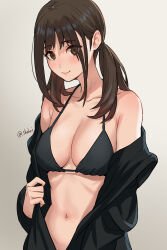 Rule 34 | 1girl, bad id, bad pixiv id, bare shoulders, bikini, bikini top only, black bikini, black jacket, breasts, brown eyes, brown hair, cleavage, closed mouth, commentary request, eyes visible through hair, grey background, hair behind ear, hair over one eye, halterneck, highres, jacket, long hair, long sleeves, looking at viewer, medium breasts, navel, off shoulder, open clothes, open jacket, original, shouhei, sidelocks, simple background, smile, solo, stomach, string bikini, swimsuit, twintails, twitter username, upper body