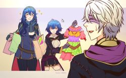 Rule 34 | 1boy, 2girls, bag, blue hair, breasts, cape, child, closed eyes, clothes, dress, family, father and daughter, fire emblem, fire emblem awakening, fire emblem heroes, gloves, hood, hood down, husband and wife, long hair, long sleeves, lucina (fire emblem), manu-chann, morgan (female) (fire emblem), morgan (fire emblem), mother and daughter, multiple girls, nintendo, pantyhose, robin (fire emblem), robin (male) (fire emblem), shaded face, shopping, shopping bag, short dress, short hair, small breasts, sweat, thighhighs, tiara