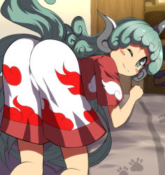 Rule 34 | 1girl, ;), ass, blush stickers, commentary request, feet out of frame, green eyes, green hair, hand up, highres, horns, kariyushi shirt, komano aunn, long hair, looking at viewer, one eye closed, paw print, red shirt, shirt, short sleeves, shorts, single horn, smile, solo, syope, tail, touhou, very long hair, white shorts