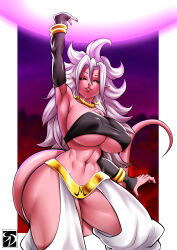Rule 34 | 1girl, abs, absurdres, android 21, arm up, armpits, ass, ass cutout, black sclera, bracelet, breasts, clothing cutout, colored sclera, colored skin, covered erect nipples, crotch cutout, curvy, detached sleeves, dragon ball, dragon ball fighterz, earrings, energy, energy ball, female focus, highres, hip vent, huge ass, huge breasts, jewelry, large breasts, long hair, looking at viewer, majin android 21, monster girl, muscular, muscular female, muscular legs, nail polish, navel, pink skin, red eyes, revealing clothes, sexydarkbr, solo, strapless, tail, thick thighs, thighs, tube top, underboob, white hair, wide hips