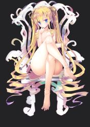 Rule 34 | 1girl, absurdly long hair, ass, barefoot, black background, blonde hair, blue eyes, brown ribbon, chair, convenient leg, doll joints, flat chest, full body, hair ribbon, hand up, head tilt, highres, joints, crossed legs, long hair, looking at viewer, ribbon, rozen maiden, shinku, simple background, sitting, solo, tousen, twintails, very long hair