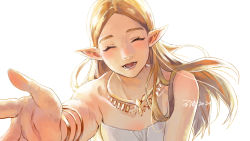Rule 34 | 1girl, bare shoulders, blonde hair, bracelet, closed eyes, dated, dress, foreshortening, jewelry, long hair, looking at viewer, necklace, nintendo, off-shoulder dress, off shoulder, open mouth, outstretched hand, parted bangs, pointy ears, pov, princess zelda, shiqi1695, signature, simple background, smile, solo, the legend of zelda, the legend of zelda: breath of the wild, upper body, white background, white dress