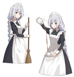 Rule 34 | 1girl, :t, alternate costume, apron, black dress, blue eyes, braid, broom, cowboy shot, cropped legs, cup, dress, enmaided, grey hair, highres, holding, holding broom, holding saucer, holding teapot, kizuna akari, long hair, maid, maid apron, maid headdress, minatsuki (m1natsuk1), multiple views, parted lips, pouring, pout, puffy sleeves, saucer, simple background, teacup, teapot, translated, twin braids, very long hair, vocaloid, voiceroid, white background