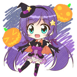 Rule 34 | 10s, 1girl, chibi, dancing stars on me!, elbow gloves, endori, gloves, green eyes, halloween, hat, jack-o&#039;-lantern, long hair, love live!, love live! school idol project, lowres, open mouth, pumpkin, purple hair, smile, solo, star (symbol), tojo nozomi, twintails, witch hat