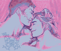 Rule 34 | 2boys, bara, charlotte katakuri, couple, cuddling, facial hair, from side, happy, highres, kiss, kissing forehead, long hair, male focus, maren (mewtides), mature male, mewiyev, multiple boys, muscular, muscular male, nude, one piece, original, pink theme, playing with another&#039;s hair, profile, short hair, sideburns stubble, smile, stitches, stubble, tattoo, thick eyebrows, tusks, upper body, yaoi