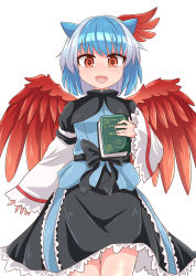 Rule 34 | 1girl, :d, black bow, black capelet, black skirt, blue hair, blue shirt, blush, bow, breasts, bright pupils, capelet, chups, commentary request, cowboy shot, feathered wings, head wings, highres, horns, long sleeves, looking at viewer, multicolored hair, nose blush, open mouth, orange eyes, red wings, shirt, short hair, silver hair, simple background, single head wing, skirt, sleeves past wrists, small breasts, smile, solo, standing, streaked hair, tokiko (touhou), touhou, white background, white pupils, wide sleeves, wings