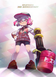 Rule 34 | 1girl, baseball cap, bike shorts, black hat, black shorts, blunt bangs, bob cut, bright pupils, closed mouth, commentary, copyright name, english text, full body, hand on own hip, hat, heavy splatling (splatoon), highres, holding, holding weapon, inkling, inkling (language), inkling girl, inkling player character, jacket, letterman jacket, long sleeves, looking at viewer, nintendo, pink eyes, pink hair, pointy ears, red footwear, red jacket, shoes, short hair, shorts, single vertical stripe, smile, sneakers, solo, splatoon (series), splatoon 2, standing, tentacle hair, weapon, white pupils, yamagishi chihiro