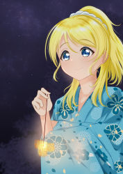 Rule 34 | 1girl, absurdres, aqua kimono, artist name, artist request, ayase eli, blonde hair, blue eyes, blush, breasts, cloud, collarbone, female focus, fireworks, floral print, flower print, hair between eyes, hair ornament, hair over shoulder, hair scrunchie, high ponytail, highres, holding, japanese clothes, kimono, long hair, looking at viewer, love live!, love live! school idol project, medium breasts, night, night sky, parted lips, ponytail, scrunchie, short hair, sky, smile, solo, star (sky), white scrunchie