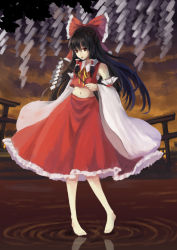 Rule 34 | 1girl, bad id, bad pixiv id, barefoot, black hair, bow, brown eyes, cloud, cloudy sky, detached sleeves, evening, gohei, hair bow, hair tubes, hakurei reimu, highres, lipstick, long hair, looking at viewer, makeup, midriff, navel, neck ribbon, oonusa, pawnluoluo, pigeon-toed, red lips, reflection, ribbon, ripples, sarashi, skirt, sky, solo, standing, standing on liquid, touhou, very long hair, water, wide sleeves