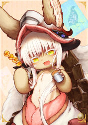 Rule 34 | 1girl, animal ears, blackcat (blackcatbox), body fur, eating, food, furry, furry female, hat, highres, made in abyss, nanachi (made in abyss), solo, white hair, yellow eye