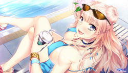 Rule 34 | 10s, 1girl, asymmetrical hair, blonde hair, blue eyes, blush, bracelet, breasts, coffee cup, covered erect nipples, cup, disposable cup, drinking straw, fangs, female focus, galko, hair bun, highres, hozumi kaoru, jewelry, large breasts, long hair, looking at viewer, one side up, open mouth, oshiete! galko-chan, pink hair, pool, sandals, side bun, signature, single side bun, smile, solo, sunglasses, swimsuit