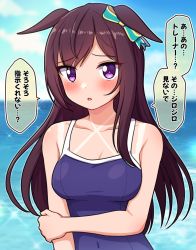 Rule 34 | 1girl, :o, animal ears, arm grab, bare arms, bare shoulders, blue bow, blue one-piece swimsuit, blue sky, blurry, blurry background, blush, bow, breasts, brown hair, cloud, commentary request, covered navel, day, depth of field, ear bow, ears down, highres, horizon, horse ears, long hair, looking at viewer, medium breasts, mejiro dober (umamusume), ocean, one-piece swimsuit, outdoors, parted lips, purple eyes, sky, solo, swimsuit, takiki, tan, tanline, translation request, umamusume, water