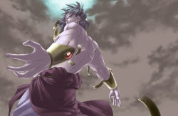 Rule 34 | 1boy, broly (dragon ball z), cloud, dragon ball, dragonball z, fighting stance, green hair, male focus, manly, muscular, outdoors, red eyes, sky, solo