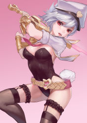 Rule 34 | 1girl, absurdres, belt, black leotard, black thighhighs, breasts, cropped jacket, eyelashes, folded ponytail, frills, garter straps, hair between eyes, hands up, hat, head tilt, highres, holding, holding sword, holding weapon, league of legends, legwear garter, leotard, long hair, looking at viewer, medium breasts, necktie, no ears, open mouth, peaked cap, pink lips, pink necktie, playboy bunny, rabbit tail, red eyes, riven (league of legends), shade, short hair, shou xun bu liang, simple background, sleeves rolled up, solo, strapless, strapless leotard, swept bangs, sword, tail, teeth, thighhighs, vambraces, weapon, white hair, white hat