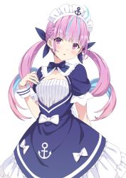 Rule 34 | 1girl, ahoge, anchor symbol, blue hair, blue ribbon, blunt bangs, blush, braid, colored inner hair, commentary, cowboy shot, hair ribbon, highres, hololive, kanzaki hiro, long hair, looking at viewer, maid, maid headdress, minato aqua, minato aqua (1st costume), multicolored hair, nail polish, open mouth, parted lips, purple eyes, purple hair, ribbon, simple background, solo, symbol-only commentary, twintails, two-tone hair, virtual youtuber, white background