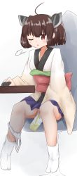 Rule 34 | 1girl, bottle, brown hair, chair, highres, horns, japanese clothes, kame low, kimono, panties around leg, peeing, peeing in bottle, relief, short hair, sitting, solo, touhoku kiritan, vocaloid, voiceroid, white background