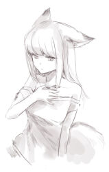 Rule 34 | 1girl, animal ear fluff, animal ears, arknights, bare shoulders, breasts, character request, closed mouth, collarbone, dress, e-bushi, greyscale, hand up, long hair, looking away, material growth, monochrome, off-shoulder dress, off shoulder, oripathy lesion (arknights), short sleeves, simple background, small breasts, solo, tail, white background
