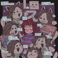Rule 34 | 1girl, :&gt;, :3, allergy, androgynous, blush, brown hair, cup, frisk (undertale), limited palette, muted color, sketch, smr03, solo focus, star (symbol), surrounded, sweater, teacup, temmie, undertale