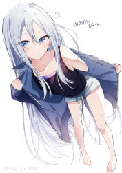 Rule 34 | 1girl, absurdres, black tank top, blue eyes, grey hair, highres, jacket, legs, long hair, open clothes, open jacket, parted bangs, project sekai, shigure (sigre), short shorts, shorts, simple background, straight hair, tagme, tank top, very long hair, white background, yoisaki kanade