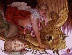 Rule 34 | 1boy, all fours, animal feet, animal hands, black background, blonde hair, chimera, claws, dragon wings, dungeon meshi, feathered wings, feathers, fire, gloobiiw, guro, hashtag-only commentary, intestines, laios touden, laios touden (chimera), looking at viewer, male focus, monster boy, mouth hold, night, night sky, plate, purple background, red wings, severed head, short hair, sky, very short hair, white wings, winged lion (dungeon meshi), wings, yellow eyes
