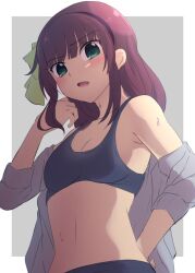 Rule 34 | 1girl, angel beats!, backlighting, bare shoulders, black hairband, blunt bangs, blush, border, breasts, cleavage, commentary, eyes visible through hair, from below, green eyes, green ribbon, grey background, grey jacket, hair ribbon, hairband, hand on own hip, hand up, highres, jacket, lelie (lelie link), long hair, looking at viewer, looking down, medium breasts, medium hair, nakamura yuri, open clothes, open jacket, open mouth, purple hair, ribbon, simple background, solo, sports bra, straight hair, sweat, track jacket, upper body, white border