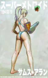 Rule 34 | 1girl, adapted costume, arm cannon, ass, back, blonde hair, blue eyes, blue one-piece swimsuit, character name, closed mouth, competition swimsuit, daichan mona, feet, full body, grey background, gun, hair between eyes, highres, kneepits, lips, long hair, looking at viewer, metroid, metroid (creature), mole, mole under mouth, nintendo, one-piece swimsuit, ponytail, samus aran, simple background, super metroid, swept bangs, swimsuit, thighs, watermark, weapon, web address