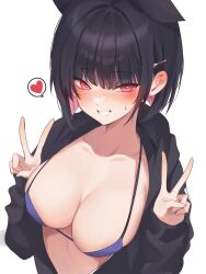 Rule 34 | 1girl, animal ears, bikini, bikini under clothes, black hair, black jacket, blue archive, breasts, cat ears, cleavage, collarbone, colored inner hair, commentary, double v, extra ears, heart, heart-shaped pupils, highres, jacket, kazusa (blue archive), large breasts, multicolored hair, pink eyes, pink hair, short hair, simple background, solo, spoken heart, swimsuit, symbol-shaped pupils, v, white background, yuseol