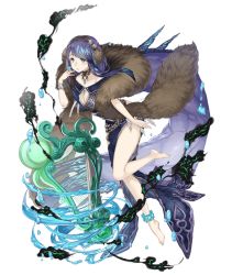 Rule 34 | 1girl, absurdly long hair, anklet, aqua eyes, barefoot, bracelet, breasts, choker, collarbone, earmuffs, earrings, fins, full body, fur scarf, harp, instrument, jewelry, ji no, large breasts, long hair, looking at viewer, ningyo hime (sinoalice), official art, purple hair, sinoalice, solo, transparent background, very long hair, water