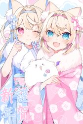 Rule 34 | 2girls, :3, :d, animal ear fluff, animal ears, blonde hair, blue eyes, blue hair, blue kimono, blush, closed eyes, commentary, dog ears, dog girl, fang, flower, fur-trimmed kimono, fur trim, fuwawa abyssgard, hair flower, hair ornament, harebare yurata, highres, hololive, hololive english, japanese clothes, kimono, looking at viewer, mococo abyssgard, multicolored hair, multiple girls, one eye closed, open mouth, perroccino (fuwamoco), pink eyes, pink hair, pink kimono, pink sash, sash, siblings, sisters, skin fang, smile, streaked hair, twins, virtual youtuber