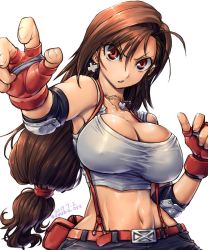 Rule 34 | 1990s (style), 1girl, amania orz, breasts, brown hair, cleavage, dated, earrings, elbow pads, final fantasy, final fantasy vii, fingerless gloves, gloves, jewelry, large breasts, long hair, looking at viewer, low-tied long hair, midriff, navel, pencil skirt, red eyes, retro artstyle, shiny skin, shirt, skirt, solo, square enix, suspender skirt, suspenders, tank top, taut clothes, taut shirt, tifa lockhart, upper body
