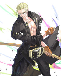 Rule 34 | 1boy, abs, belt, blonde hair, blue eyes, brown footwear, brown gloves, buckle, coat, collarbone, fingerless gloves, gloves, guilty gear, guilty gear xrd, highres, holding, holding sword, holding weapon, johnny (guilty gear), katana, male focus, motion lines, no eyewear, open clothes, pectorals, sheath, sheathed, signature, simple background, solo, sword, tsuna (akmu8832), weapon, white background