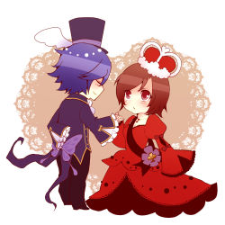 Rule 34 | 1boy, 1girl, :&lt;, bad id, bad pixiv id, blue hair, brown hair, chibi, couple, crown, dress, frown, gown, hat, hetero, holding hands, kaito (vocaloid), meiko (vocaloid), muro (ninimohu), red dress, red eyes, short hair, smile, top hat, vocaloid