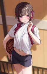 Rule 34 | 1girl, ball, basketball, basketball (object), blue shorts, blurry, blurry background, blush, breasts, brown hair, chigusa minori, colored inner hair, commentary request, corrupted twitter file, cowboy shot, gym uniform, highres, holding, holding ball, indoors, looking at viewer, medium breasts, midriff, multicolored hair, navel, parted lips, purple eyes, purple hair, shade, shino to ren, shirayuki ren, shirt, short hair, short shorts, short sleeves, shorts, solo, standing, sweat, two-tone hair, white shirt, wiping sweat