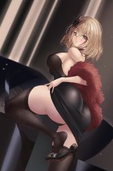 Rule 34 | 1girl, ass, azur lane, bare shoulders, black pantyhose, blonde hair, breasts, dress, feather boa, hair between eyes, hair ornament, high heels, highres, instrument, large breasts, light blush, looking at viewer, looking back, multicolored hair, pantyhose, piano, red hair, roon (azur lane), roon (viridescent lullaby) (azur lane), shoe dangle, short hair, sleeveless, sleeveless dress, solo, streaked hair, syu.mu, two-tone hair, yellow eyes